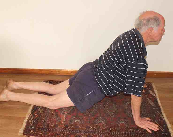 An elderly man trying to do the cobra exercise to facilitate smooth lumbar facets. An elderly man trying to do the cobra exercise to facilitate smooth lumbar facets.