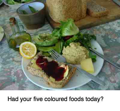 A salad with five coloured foods. A salad with five coloured foods.