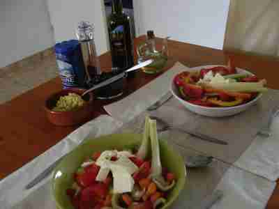A Greek salad goes perfectly with eggplant, or aubergine.