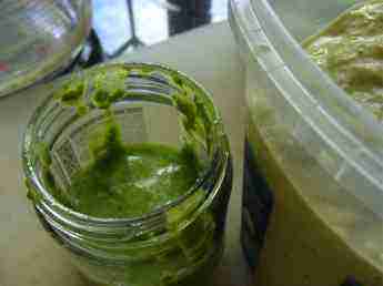 Completed jars of pesto and hummus.