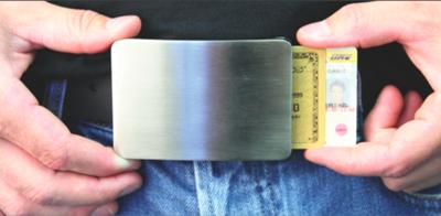 Belt buckle holds IDs and credit cards so you don't have to carry your wallet